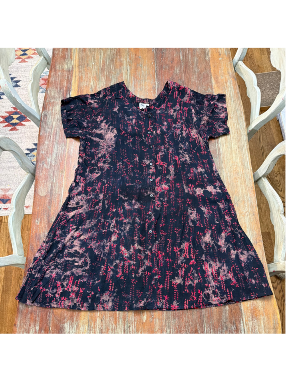 Equinoxe NWT Women XXL Tie Dye Batik Button Front Dress Black Red Tie-Back Flaw
